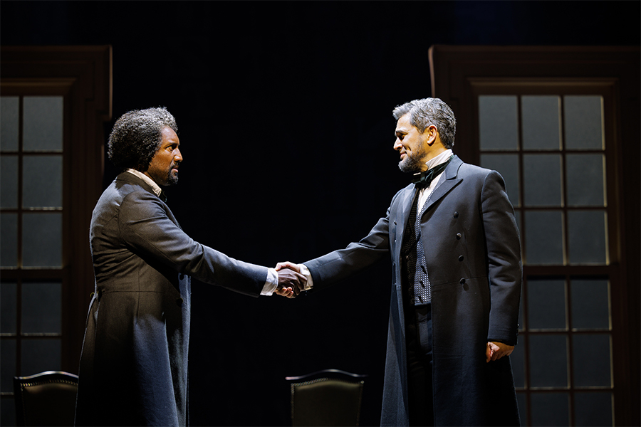 Quentin Earl Darrington as Frederick Douglass (left) and Ivan Hernandez as President Abraham Lincoln in La Jolla Playhouse’s world-premiere musical 3 Summers of Lincoln; photo by Rich Soublet II.