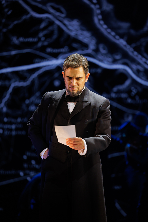 Ivan Hernandez as President Abraham Lincoln in La Jolla Playhouse’s world-premiere musical 3 Summers of Lincoln; photo by Rich Soublet II.